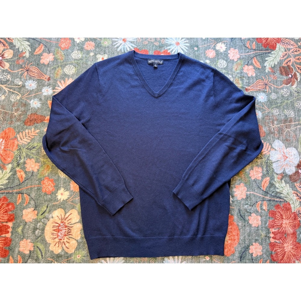 J.Crew‎ Mercantile Mens Navy Blue Merino Wool Blend V-Neck Sweater J7072 Large